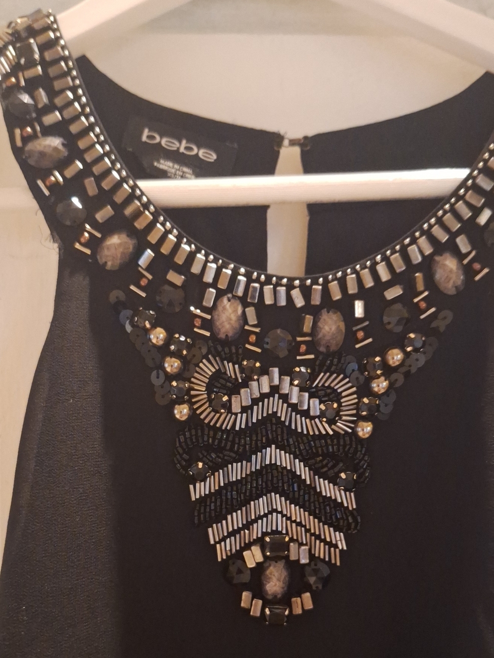 bebe Black Sleeveless mini Dress with Gold, Silver & Black Beaded Bib back zip